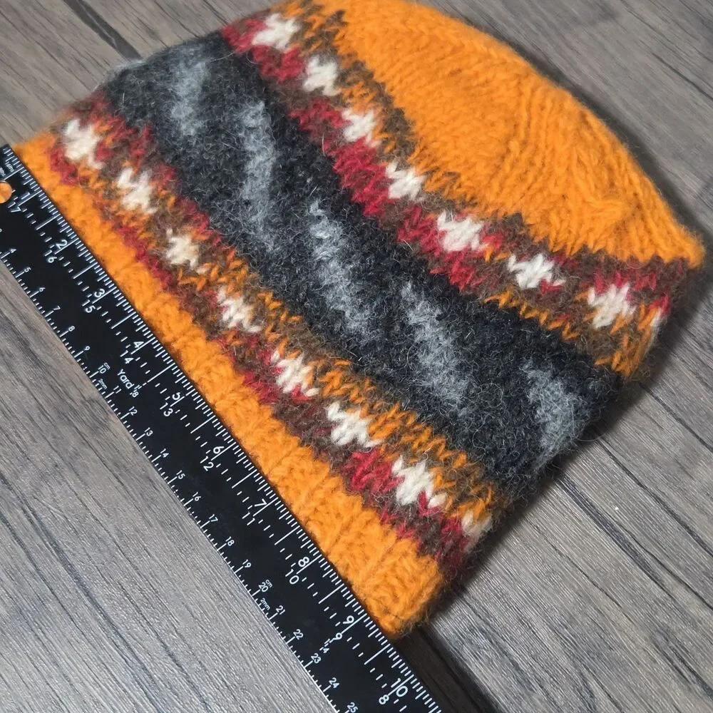 Earth Ragz 100% Pure Wool Beanie Hat Fair Isle Orange Grey Boho Heavy Knit OS